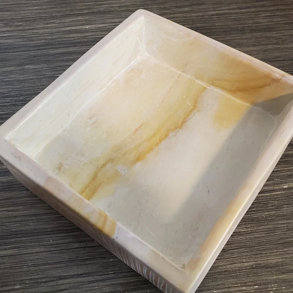 Square Carved Soapstone Trinket Box W/ Lid Geometric Neutrals HEAVY Kenya